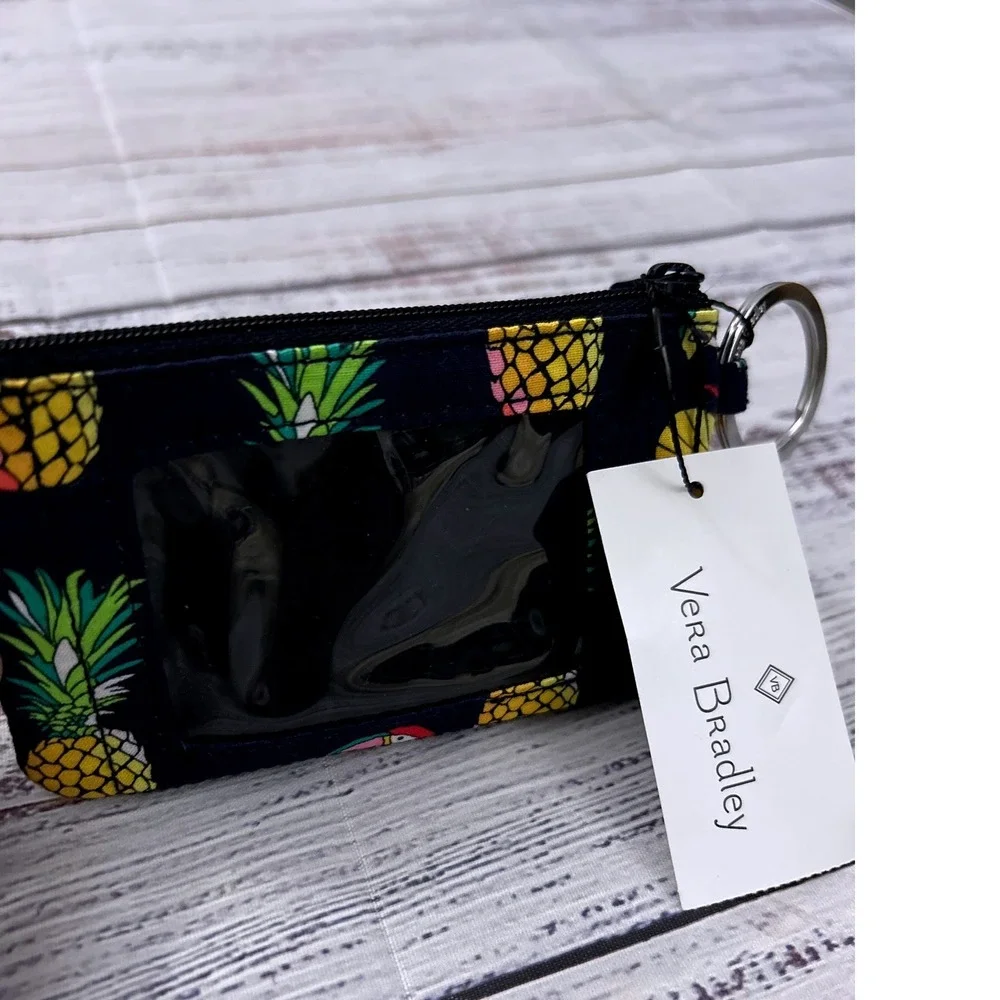 Vera Bradley Toucan Party Zip ID Case Pineapple‎ Navy Blue Keychain Wallet NWT